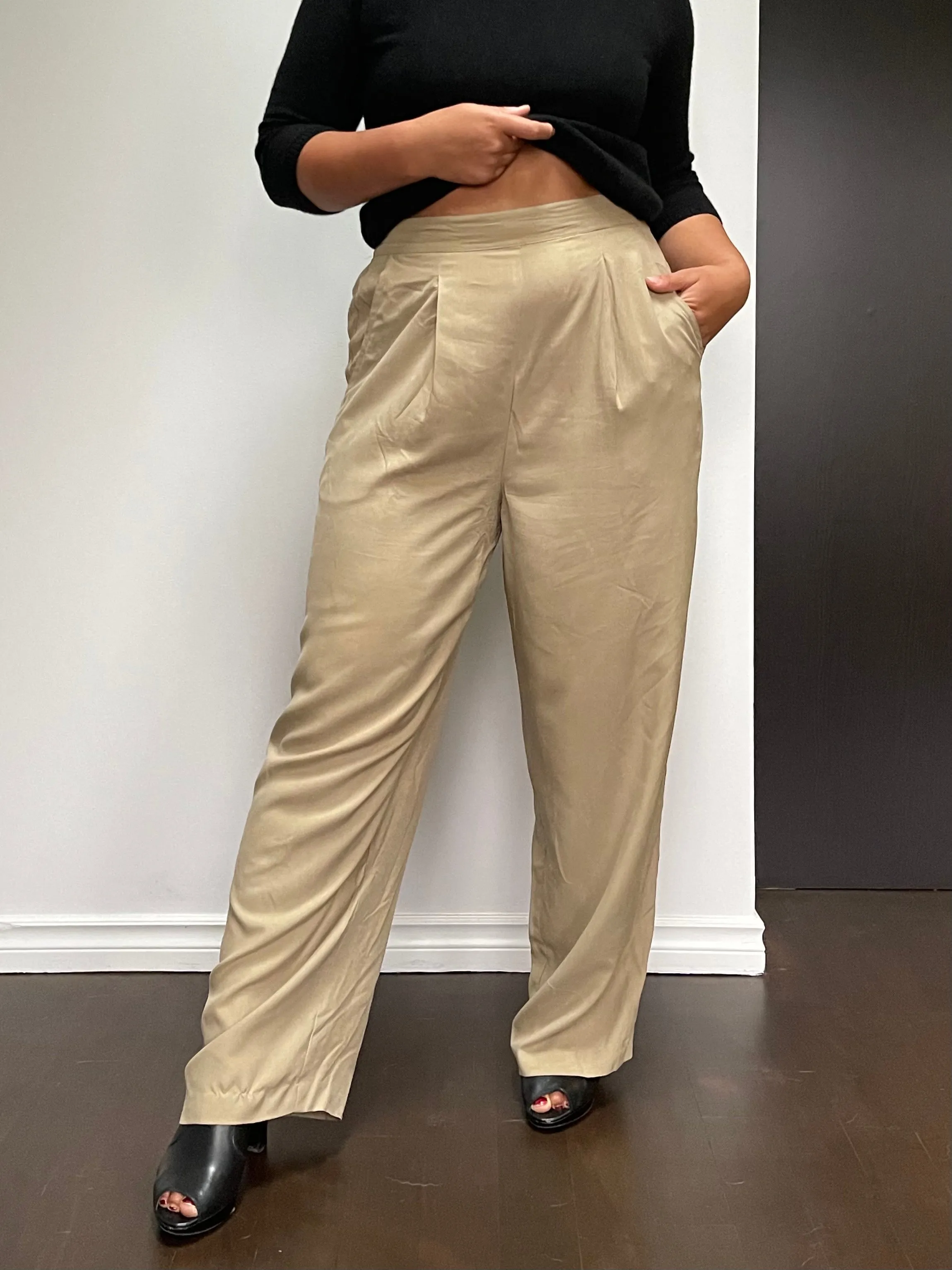 90s/Y2K Wide-Leg 100% Silk Ecru Trousers - M/L