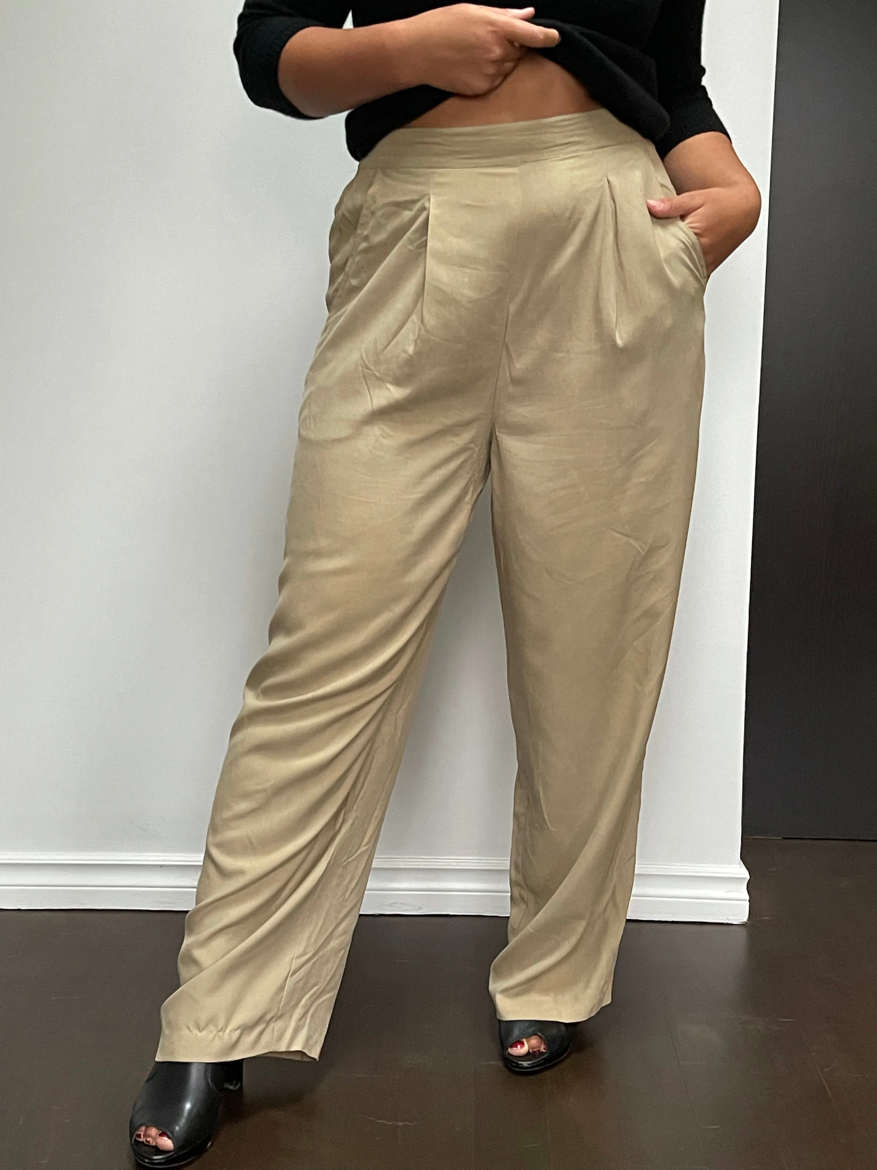 90s/Y2K Wide-Leg 100% Silk Ecru Trousers - M/L