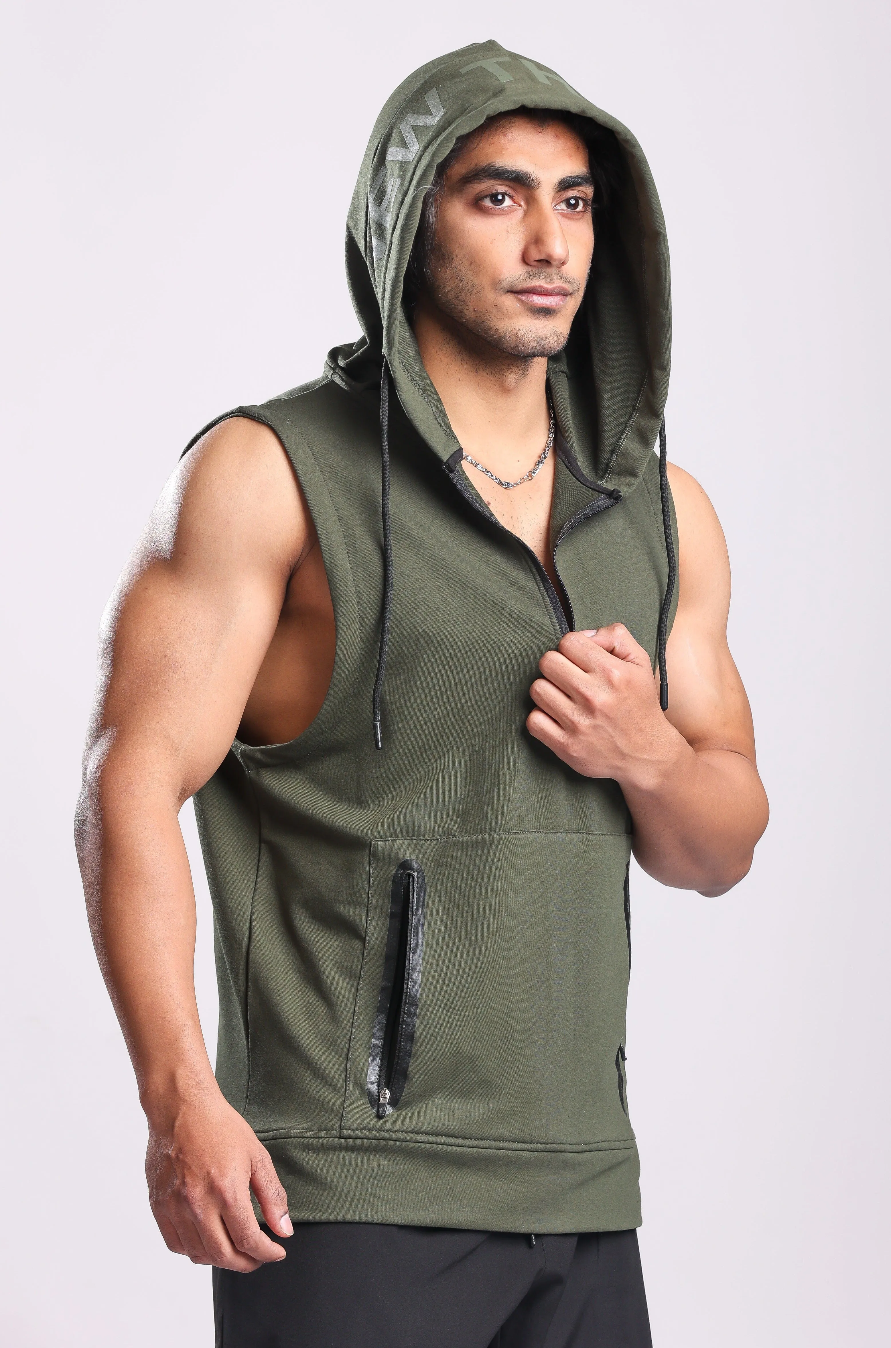 Athletic Training Sleeveless Hoodie- Olive