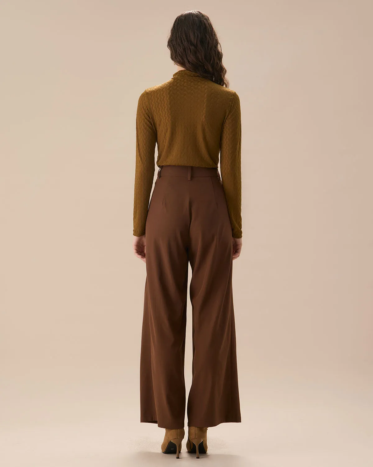 Brown High Waisted Pockets Straight Pants