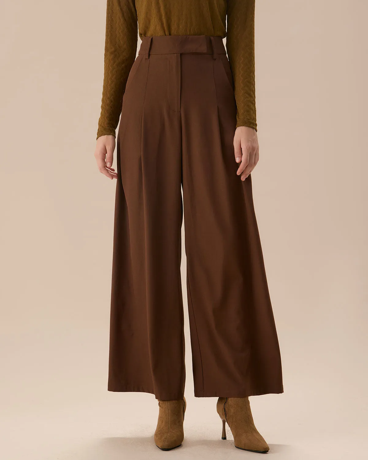 Brown High Waisted Pockets Straight Pants