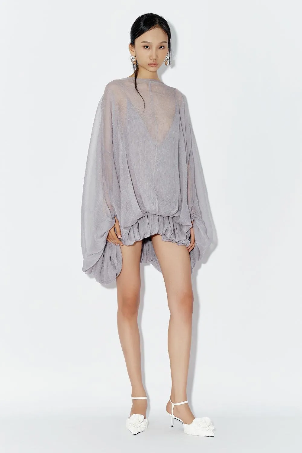 Carnation Drop Waist Batwing Sleeved Chiffon Mini Dress