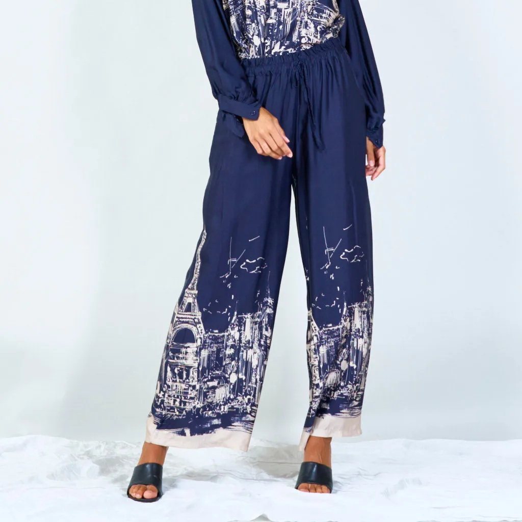 Cityscape print wide-leg pants with drawstring wholesale