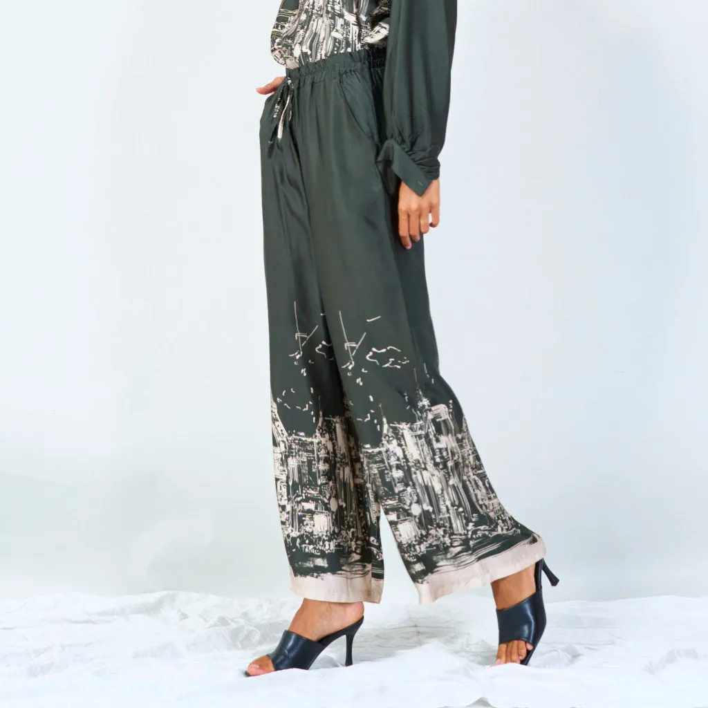 Cityscape print wide-leg pants with drawstring wholesale