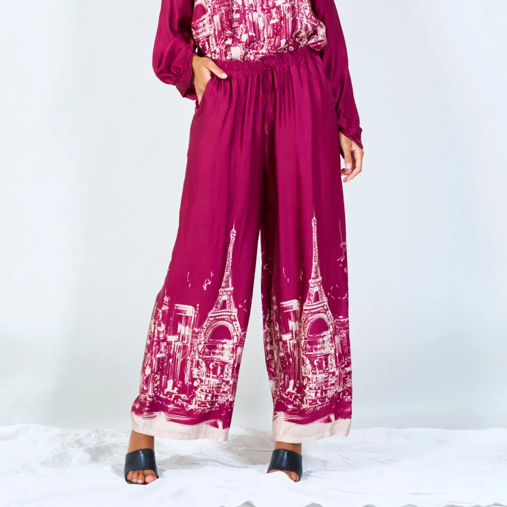 Cityscape print wide-leg pants with drawstring wholesale