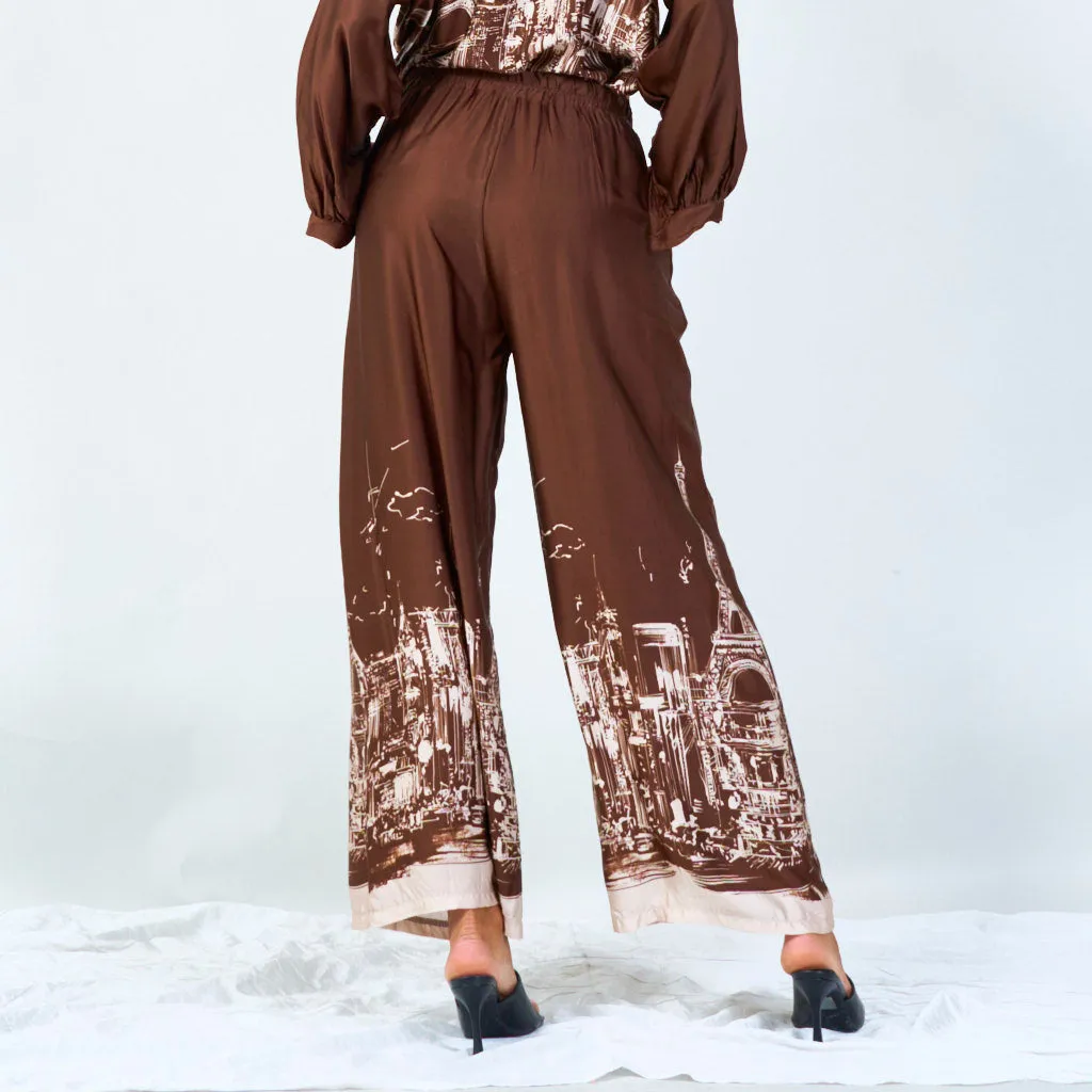 Cityscape print wide-leg pants with drawstring wholesale