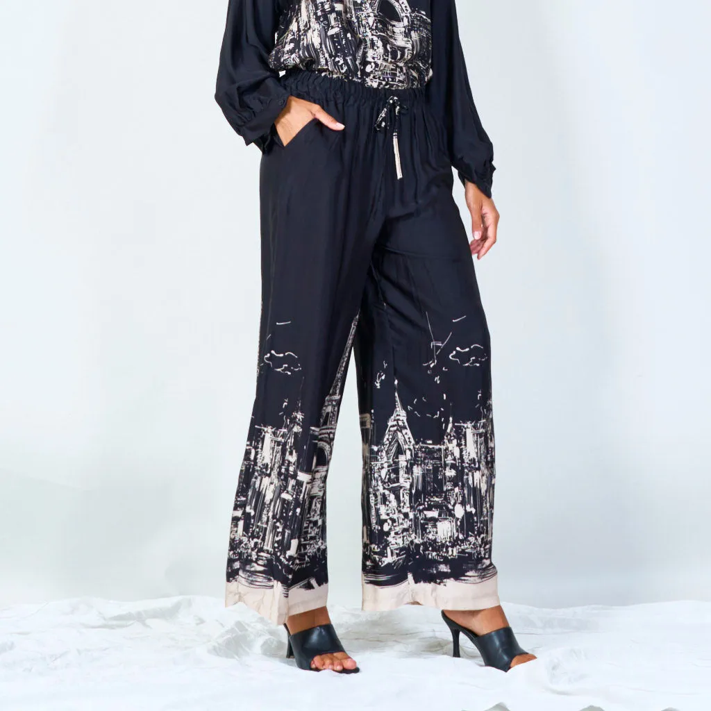 Cityscape print wide-leg pants with drawstring wholesale