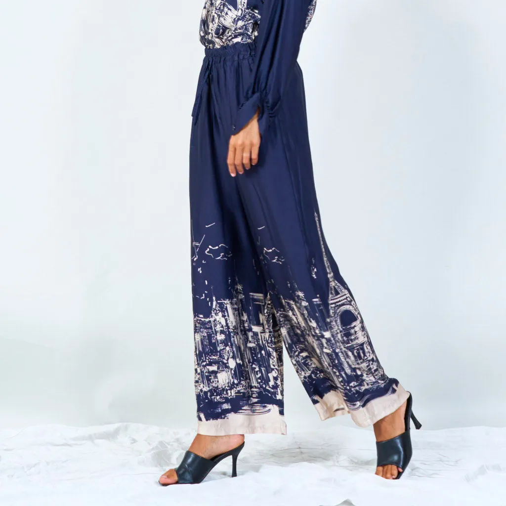 Cityscape print wide-leg pants with drawstring wholesale