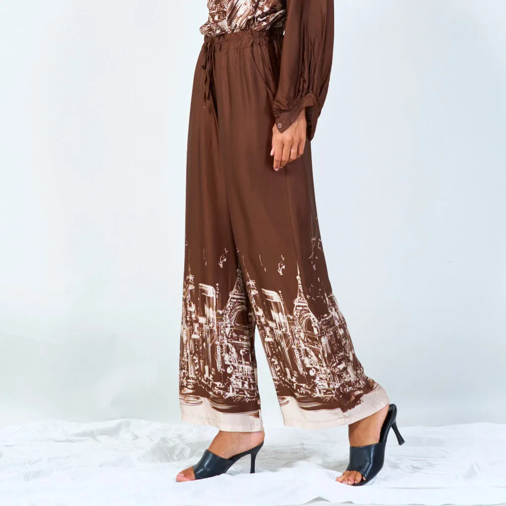 Cityscape print wide-leg pants with drawstring wholesale