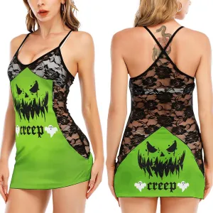 Creep Boo Skull Funny Black Lace Sleepwears Babydol Dresses