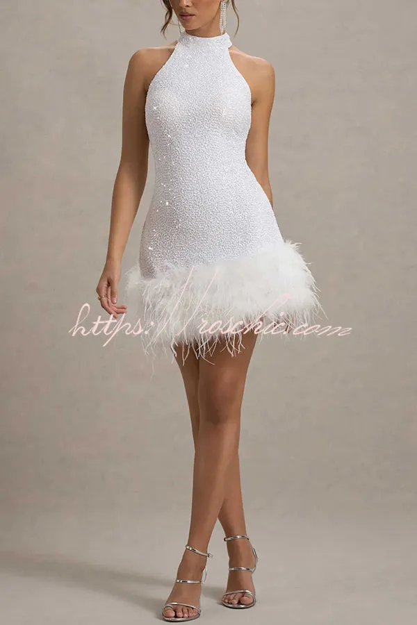 Dazzling and Playful Sequin High Neck Feather Trim Stretch Mini Dress