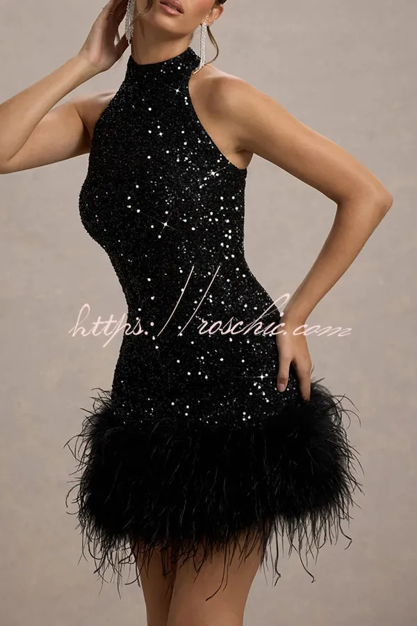 Dazzling and Playful Sequin High Neck Feather Trim Stretch Mini Dress