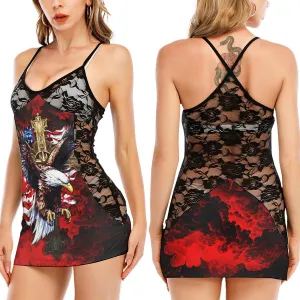 Eagle Cross Flag Gothic Black Lace Sleepwears Babydol Dresses