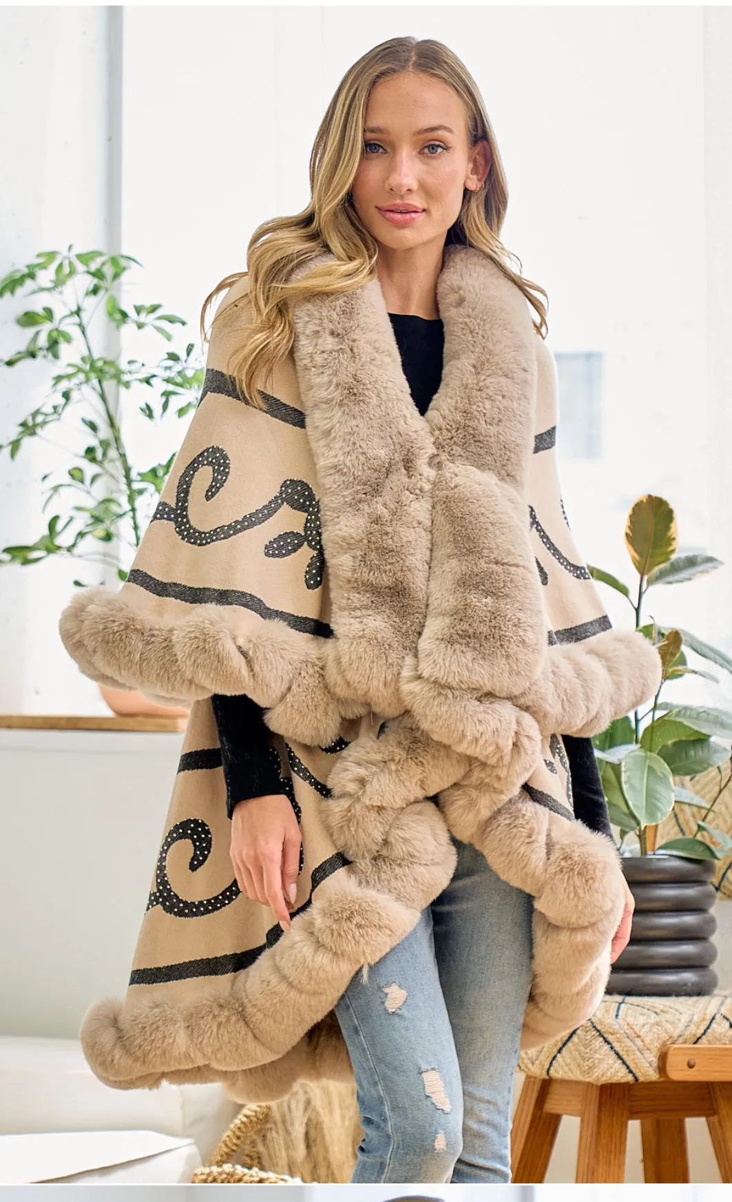 Faux Fur Trim 2 Layer Poncho Jacket