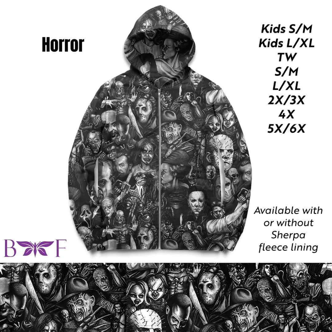 Horror zip up hoodie with and without sherpa fleece lining