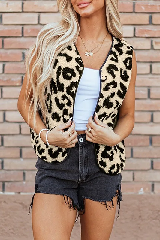 Leopard Print Sherpa Button Front Vest Coat