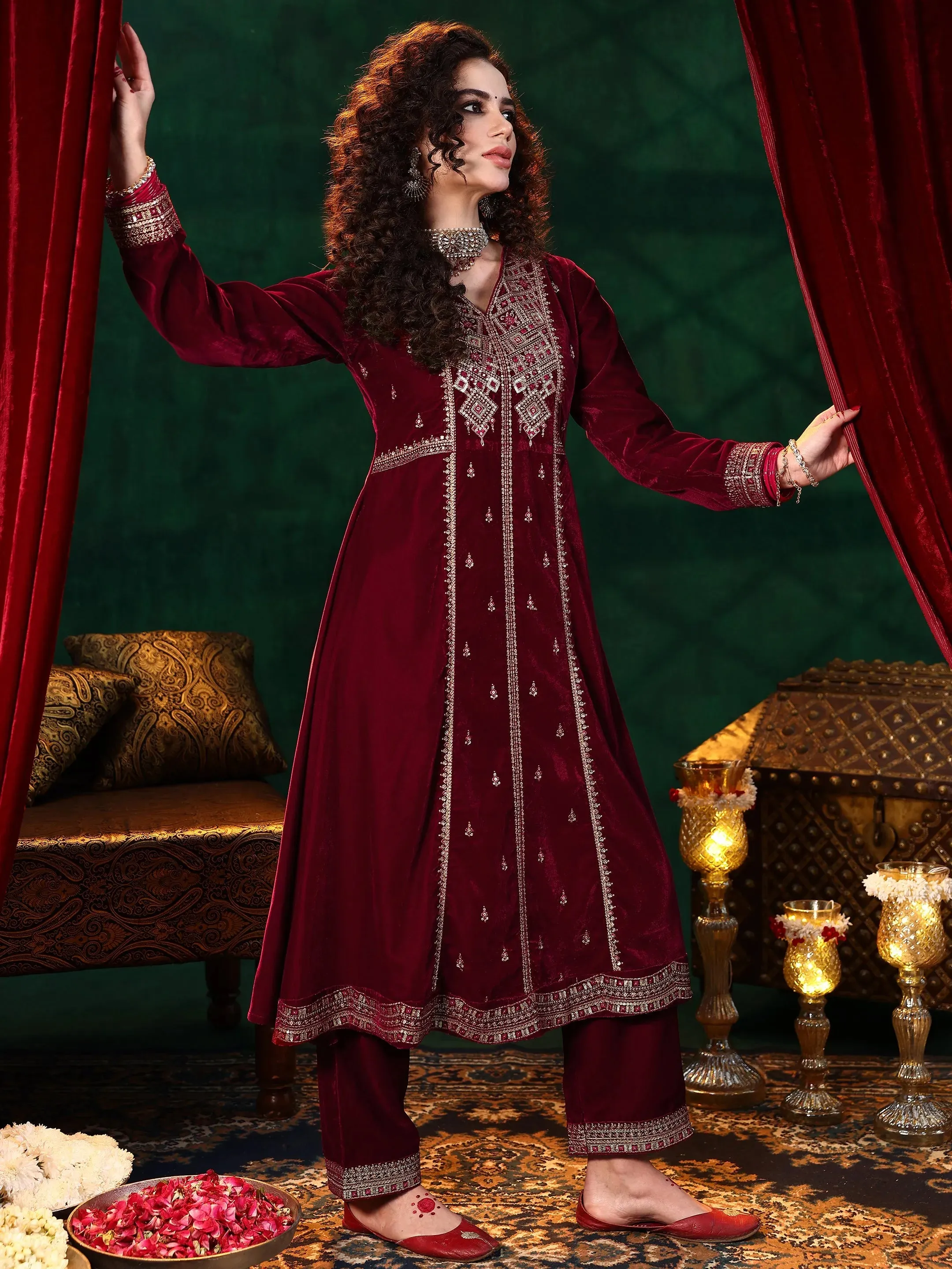 Maroon Embroidered Velvet A-line Kurta  With Trousers & Dupatta