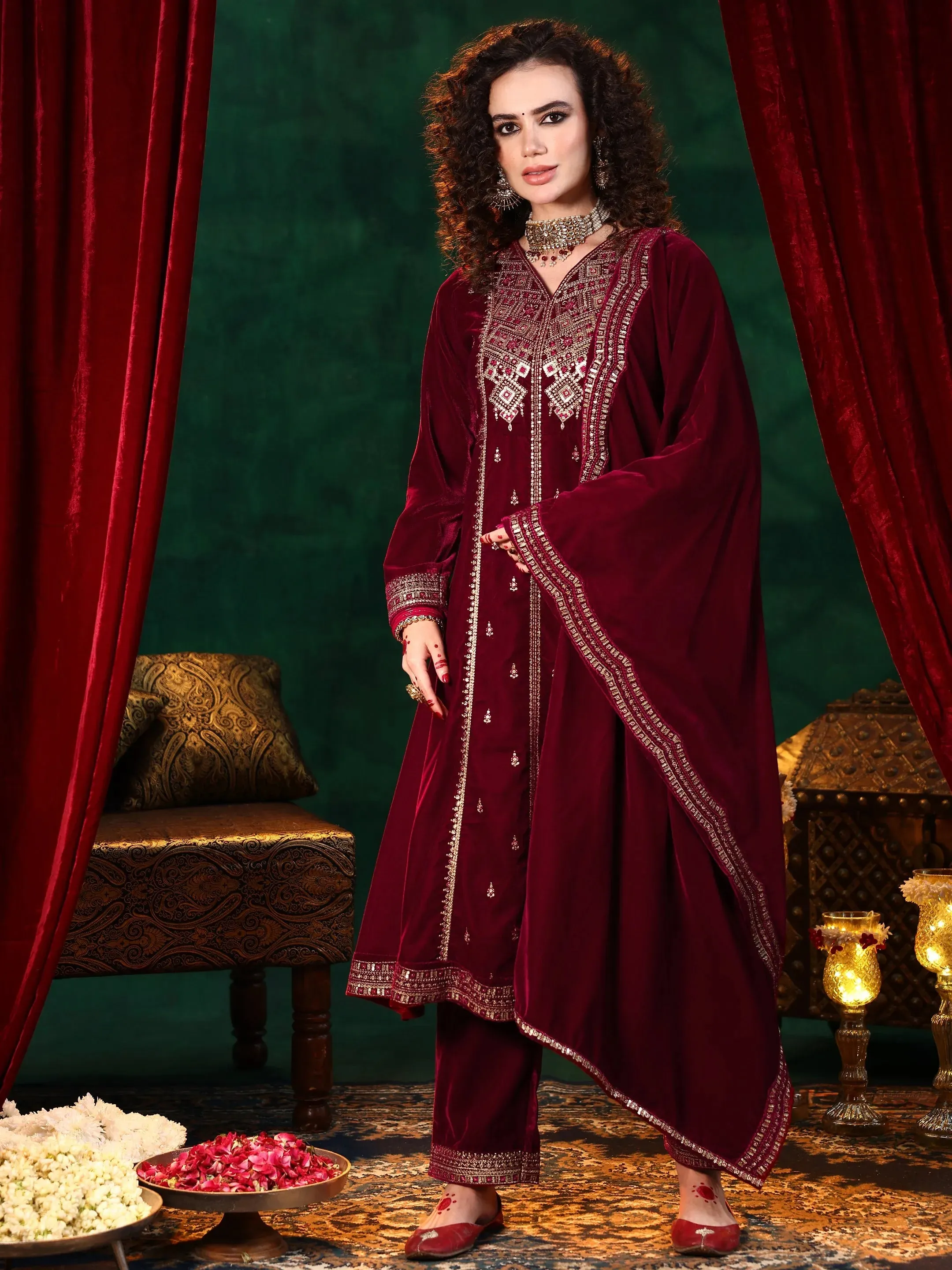 Maroon Embroidered Velvet A-line Kurta  With Trousers & Dupatta