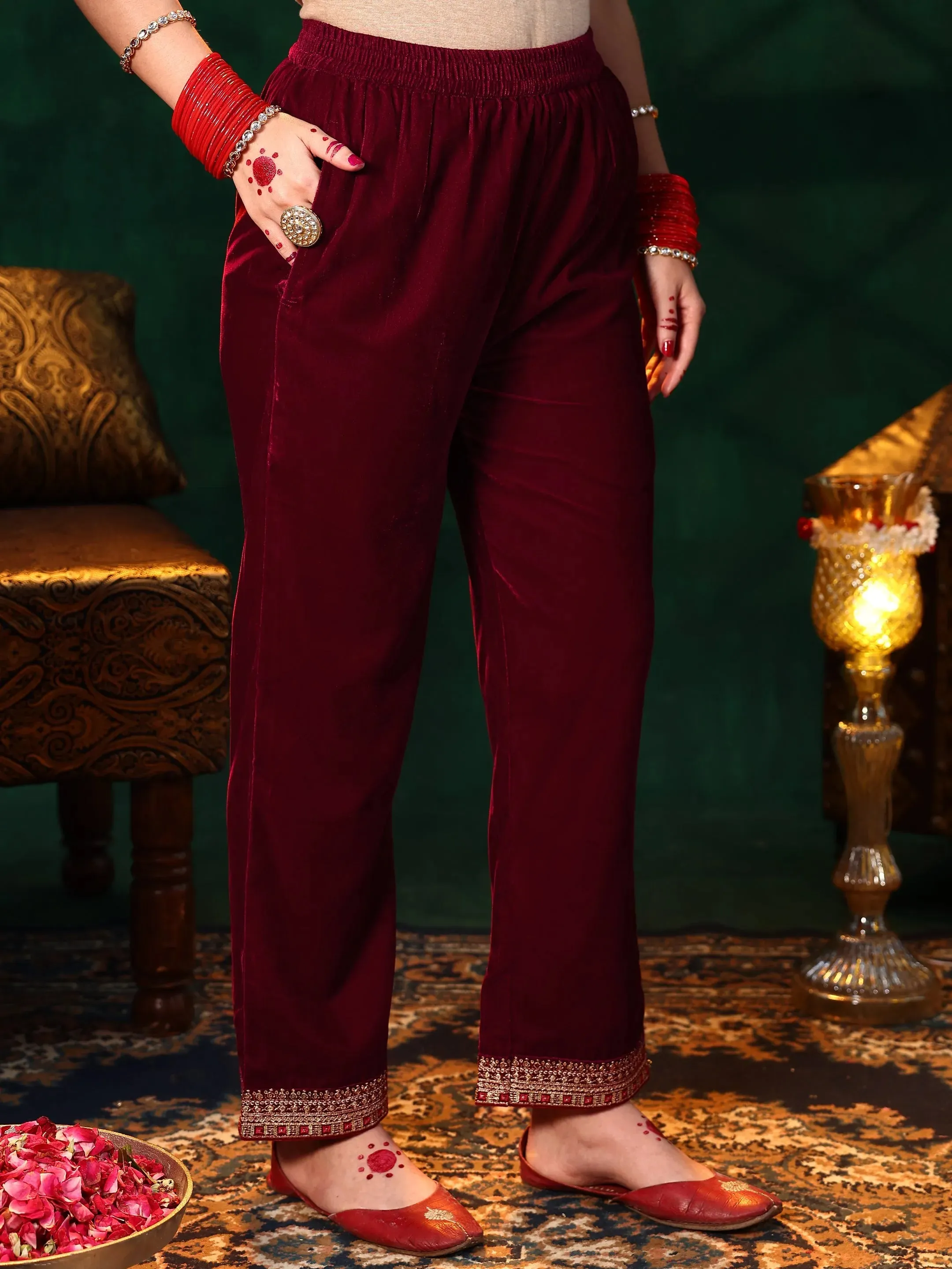 Maroon Embroidered Velvet A-line Kurta  With Trousers & Dupatta