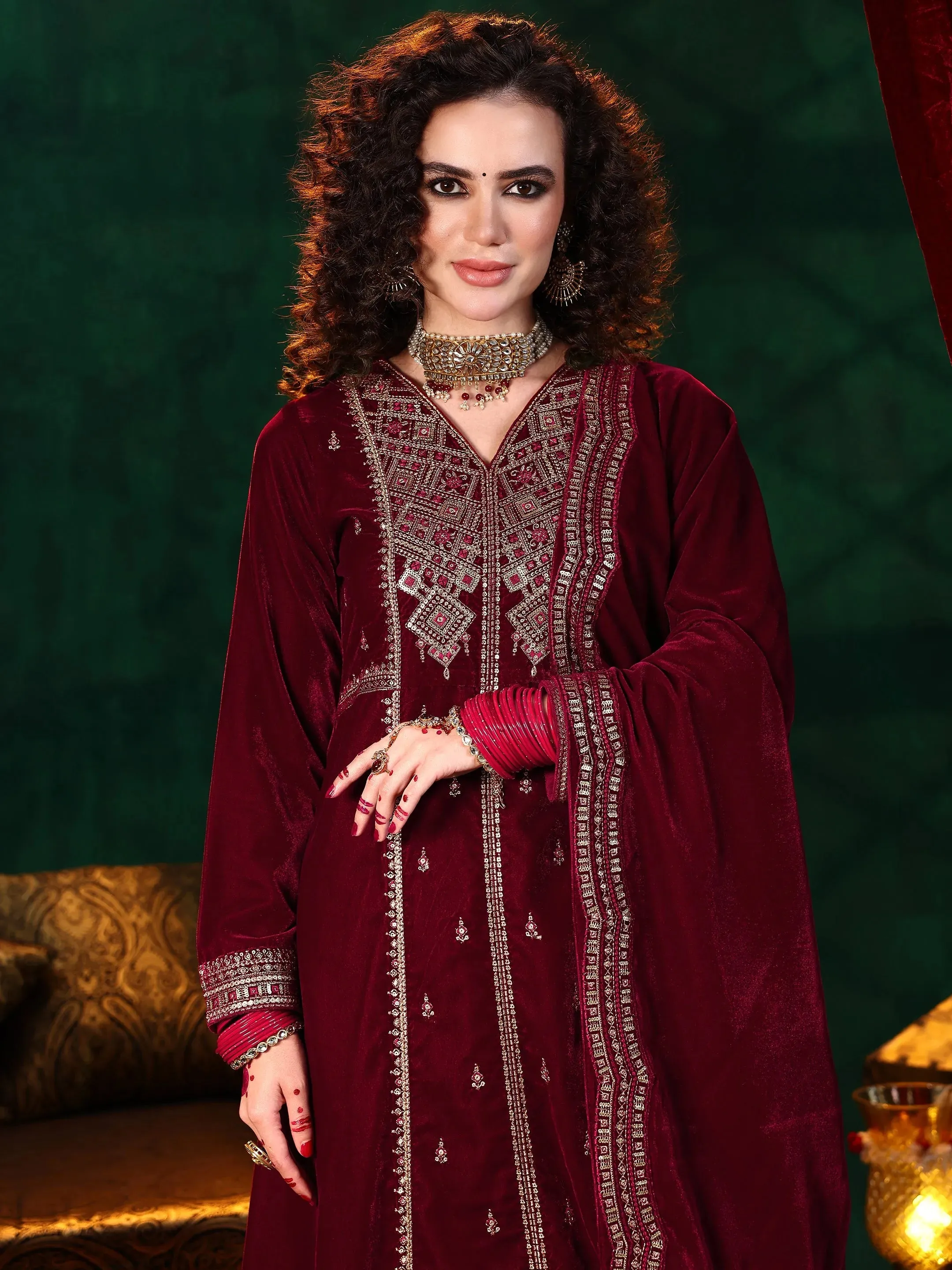 Maroon Embroidered Velvet A-line Kurta  With Trousers & Dupatta