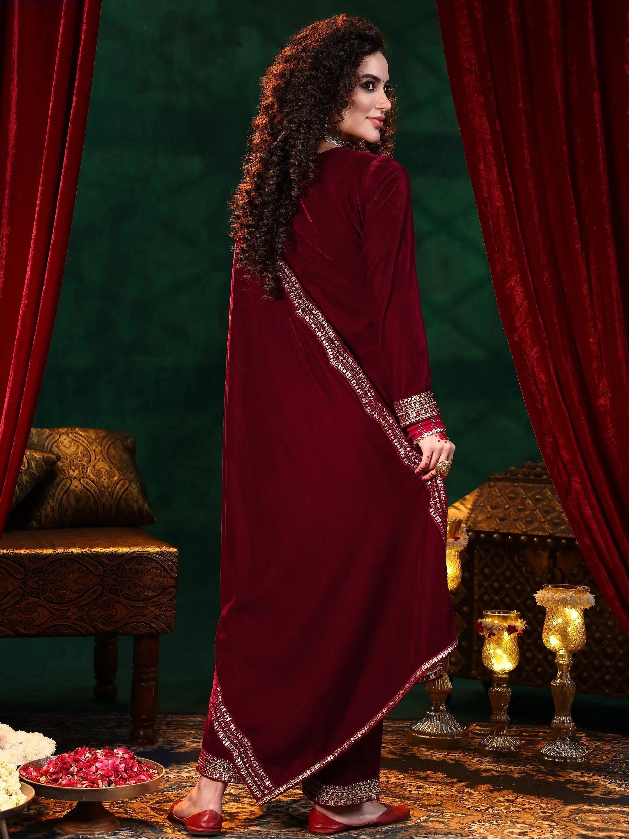 Maroon Embroidered Velvet A-line Kurta  With Trousers & Dupatta