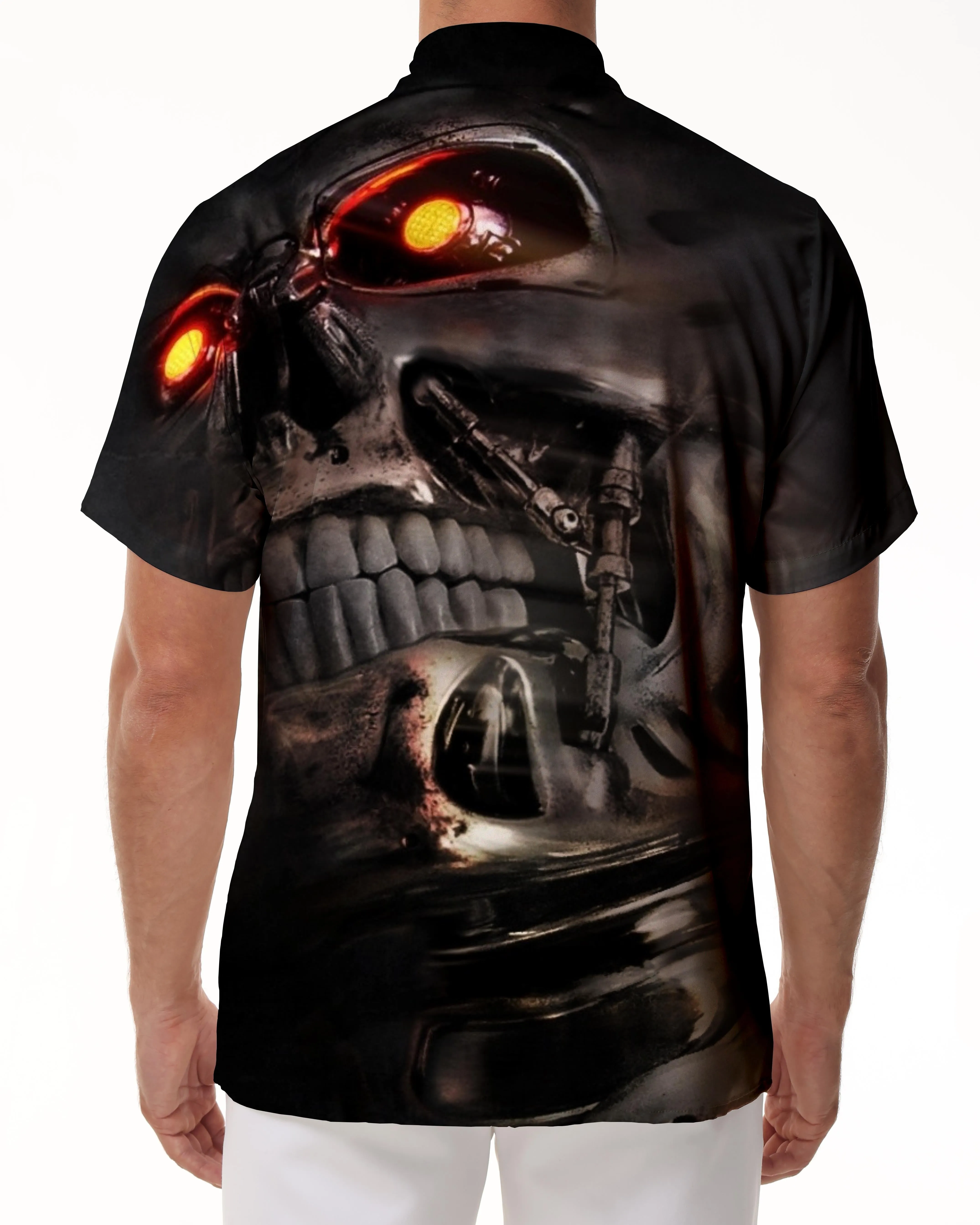 Men's casual Hawaiian button black hell skull king personality shirt short sleeve clothing