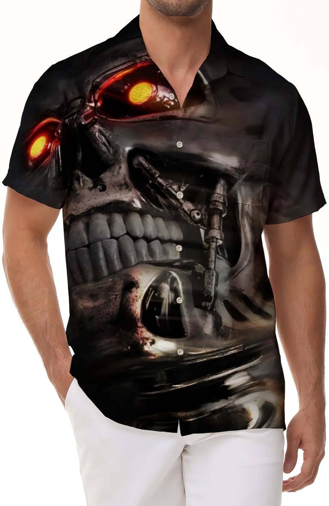 Men's casual Hawaiian button black hell skull king personality shirt short sleeve clothing