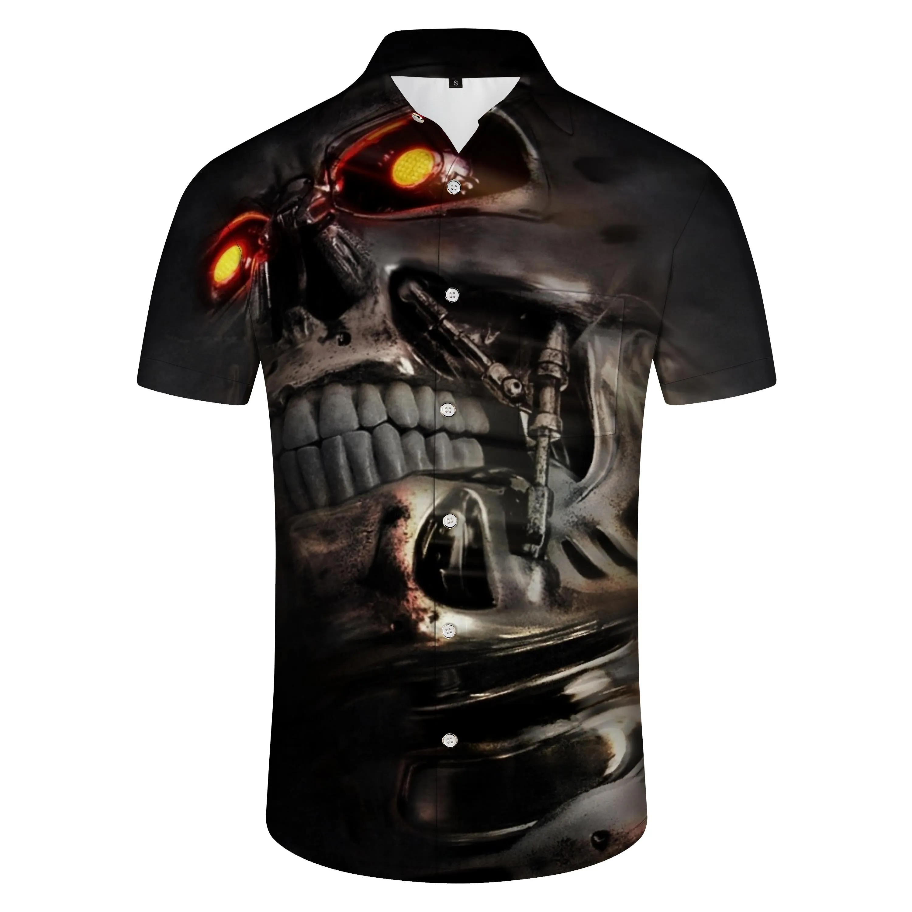 Men's casual Hawaiian button black hell skull king personality shirt short sleeve clothing