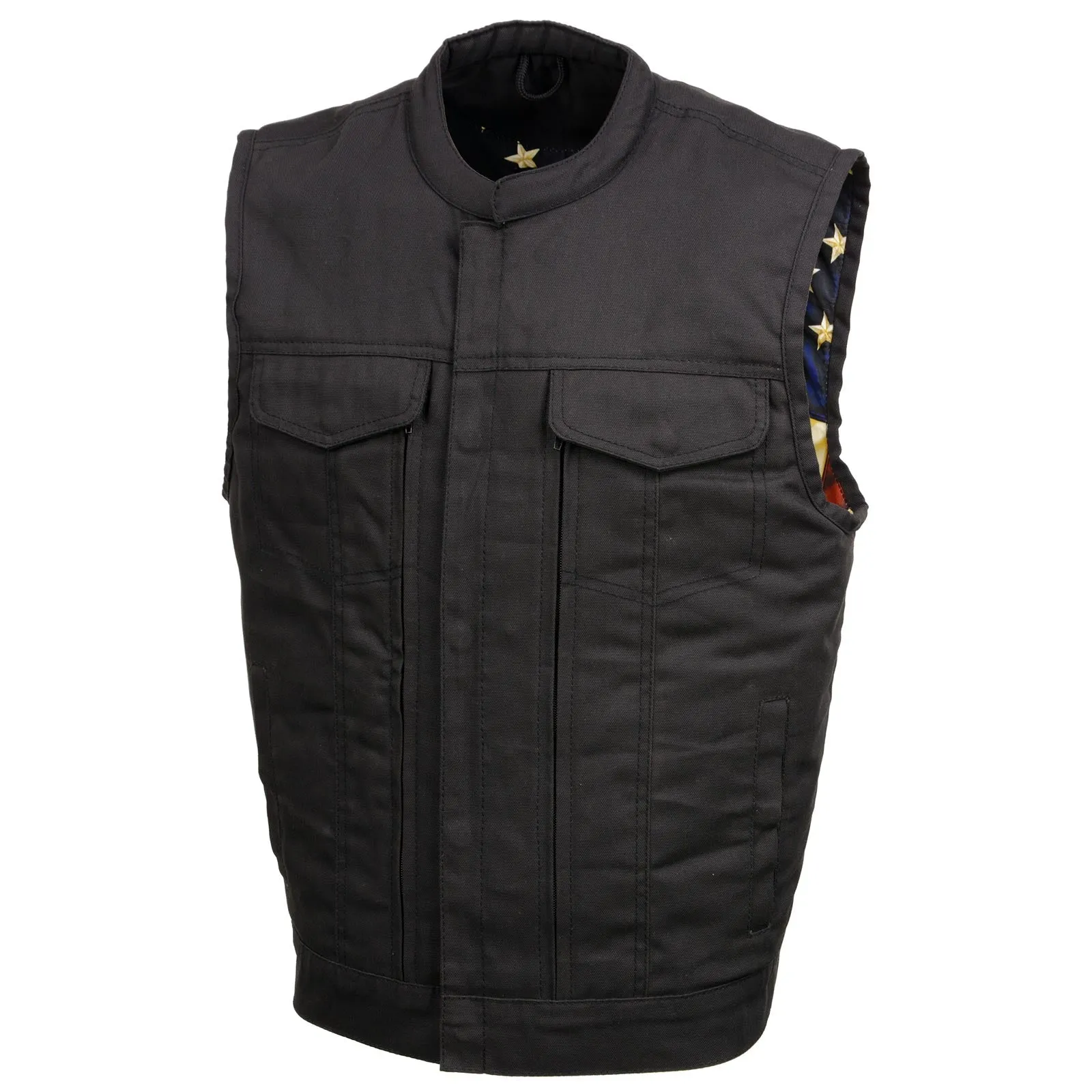 Milwaukee Leather MDM3007 Men's 'Brute' Concealed Snap Black Denim Club Style Vest w/ USA Flag Liner