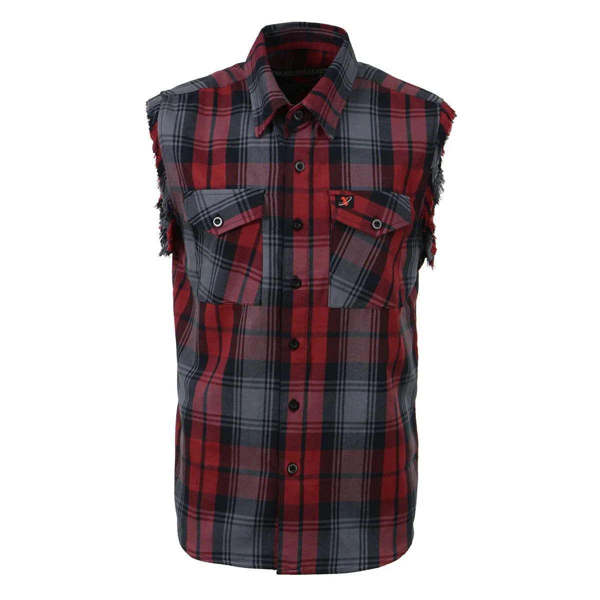 Milwaukee Leather MNG11696 Men’s Classic Black and Grey with Red Button-Down Flannel Cut Off Frayed Sleeveless Casual Shirt