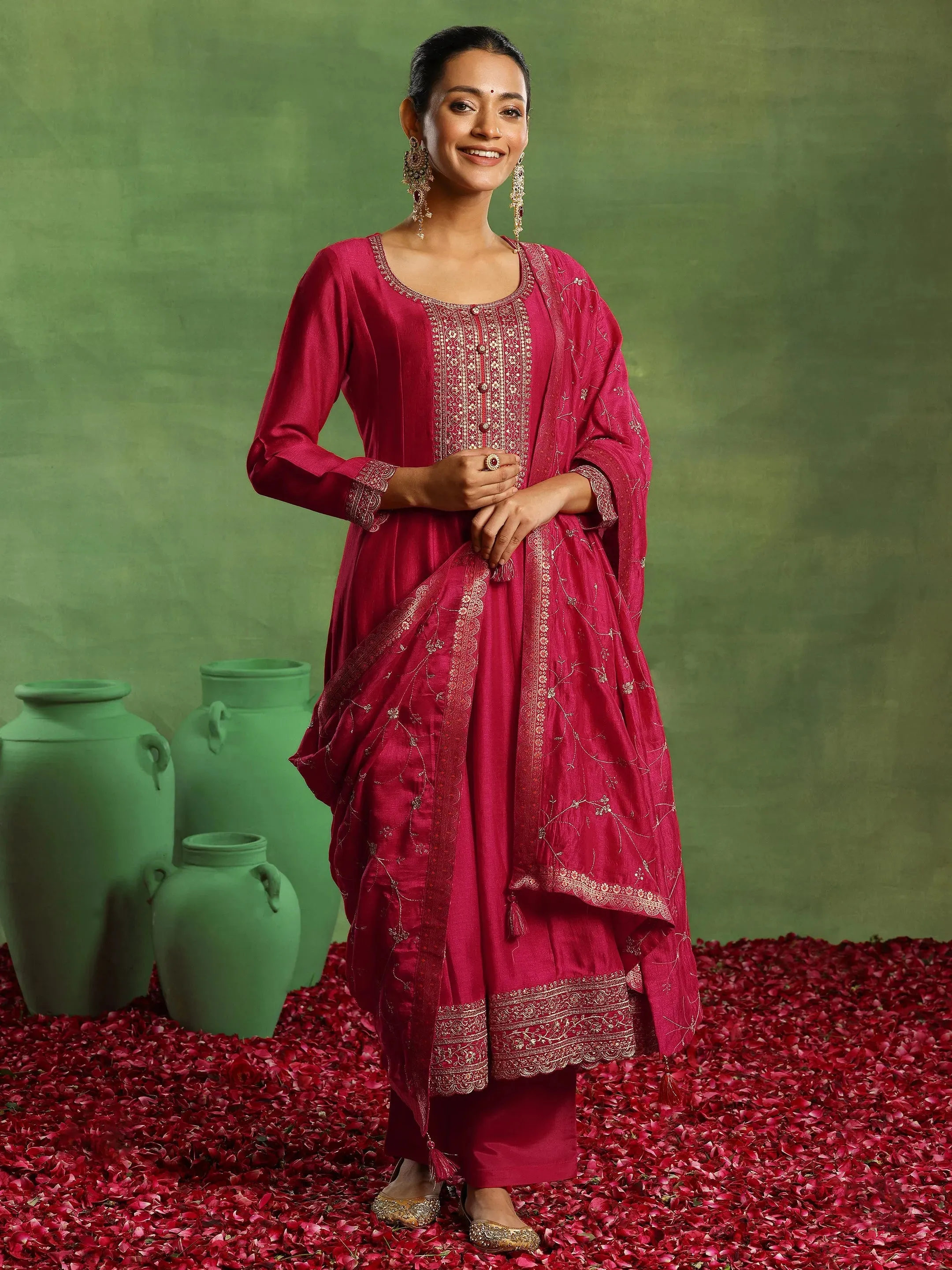 Pink Embroidered Chanderi Silk Anarkali Suit With Dupatta