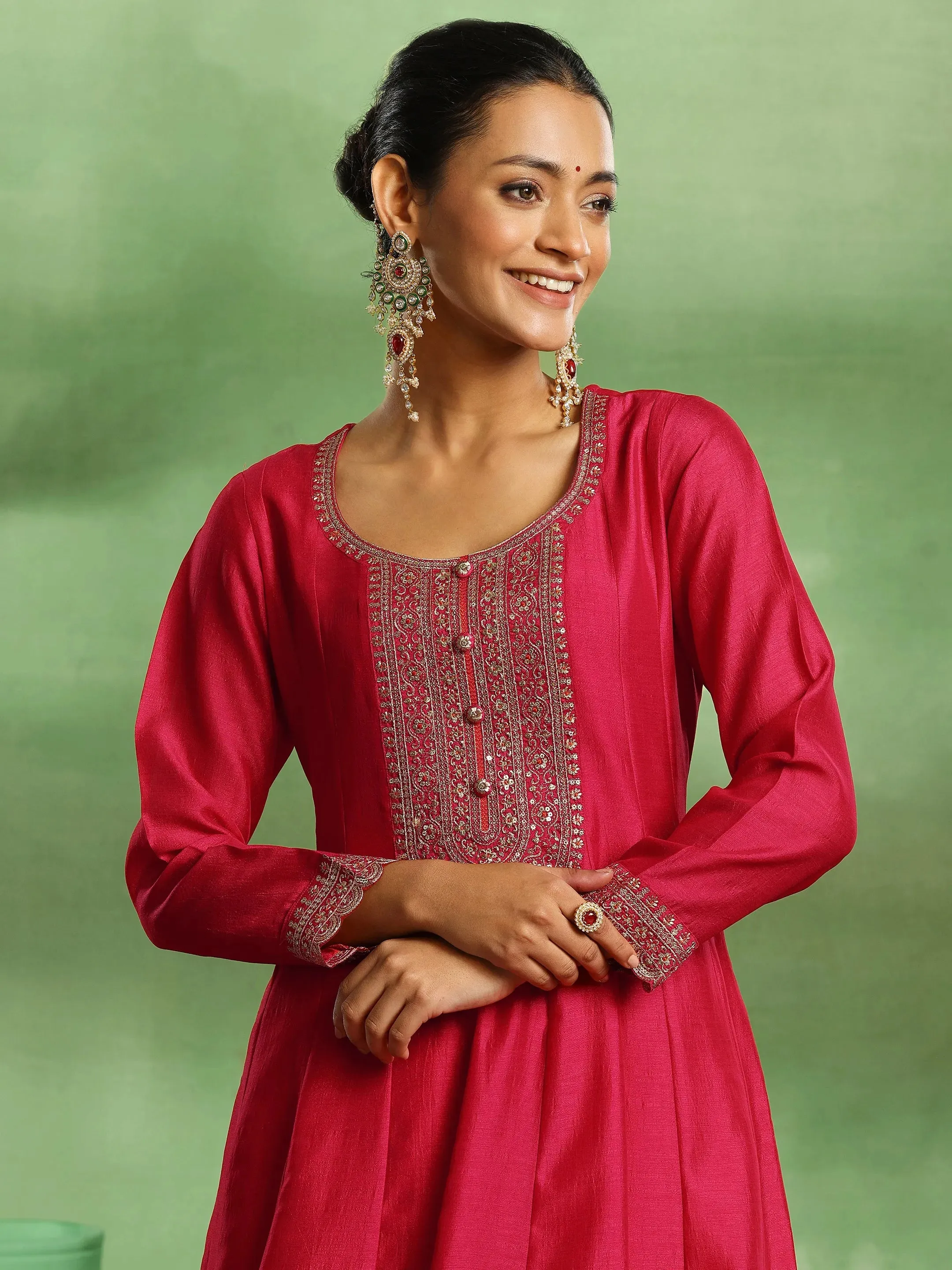 Pink Embroidered Chanderi Silk Anarkali Suit With Dupatta