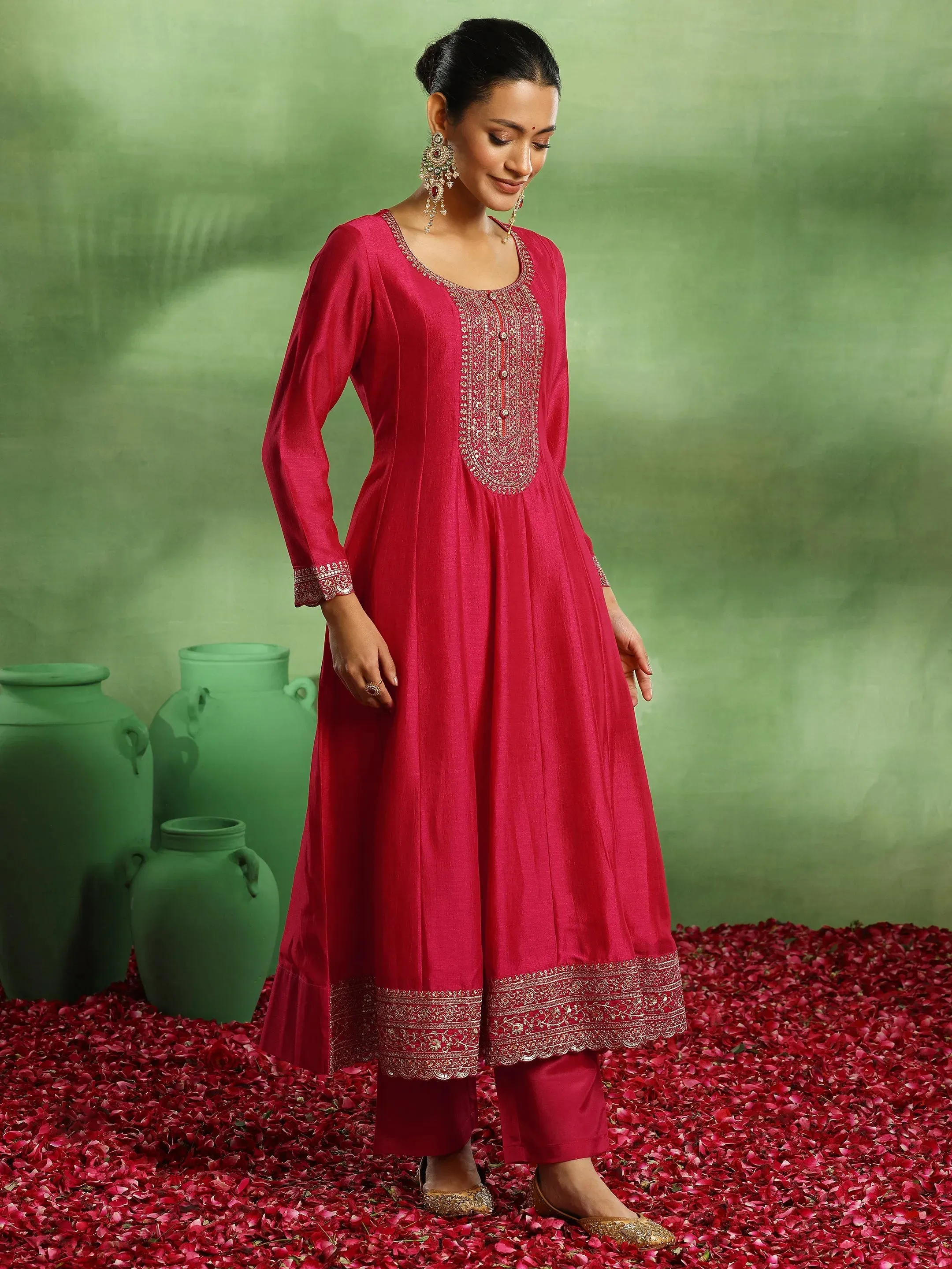 Pink Embroidered Chanderi Silk Anarkali Suit With Dupatta