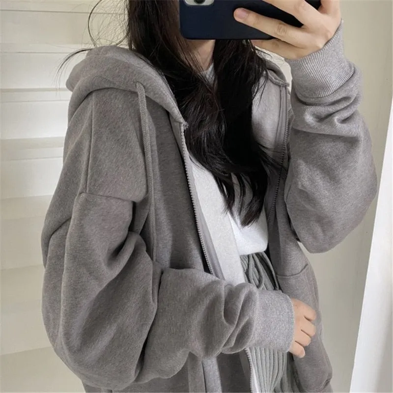 Purpdrank - Harajuku Women Sweatshirts Korean Version Oversized Solid Zip Up Hoodies Jacket Retro Long Sleeve Fleece Hooded Sweatshirt Coats