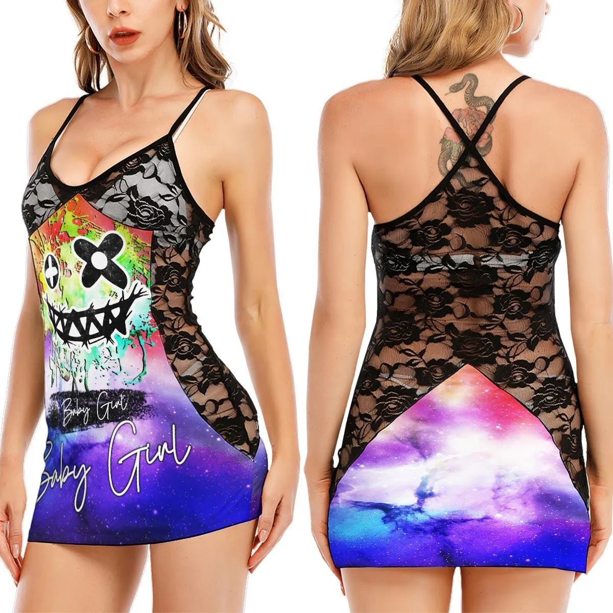 Rainbow Psycho Skull Black Lace Sleepwears Babydol Dresses