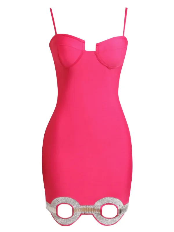 Rose Halter Circle Cutout Diamond Embellishments Dress