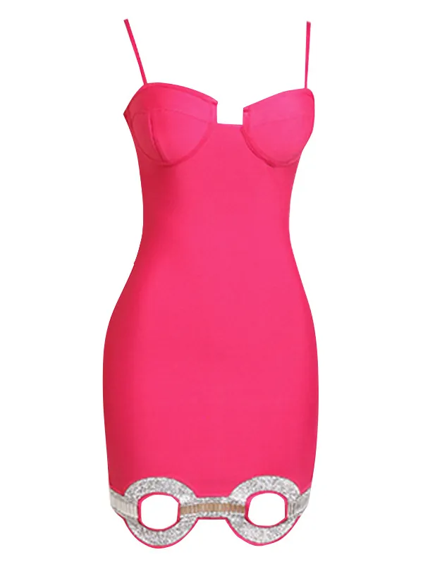 Rose Halter Circle Cutout Diamond Embellishments Dress