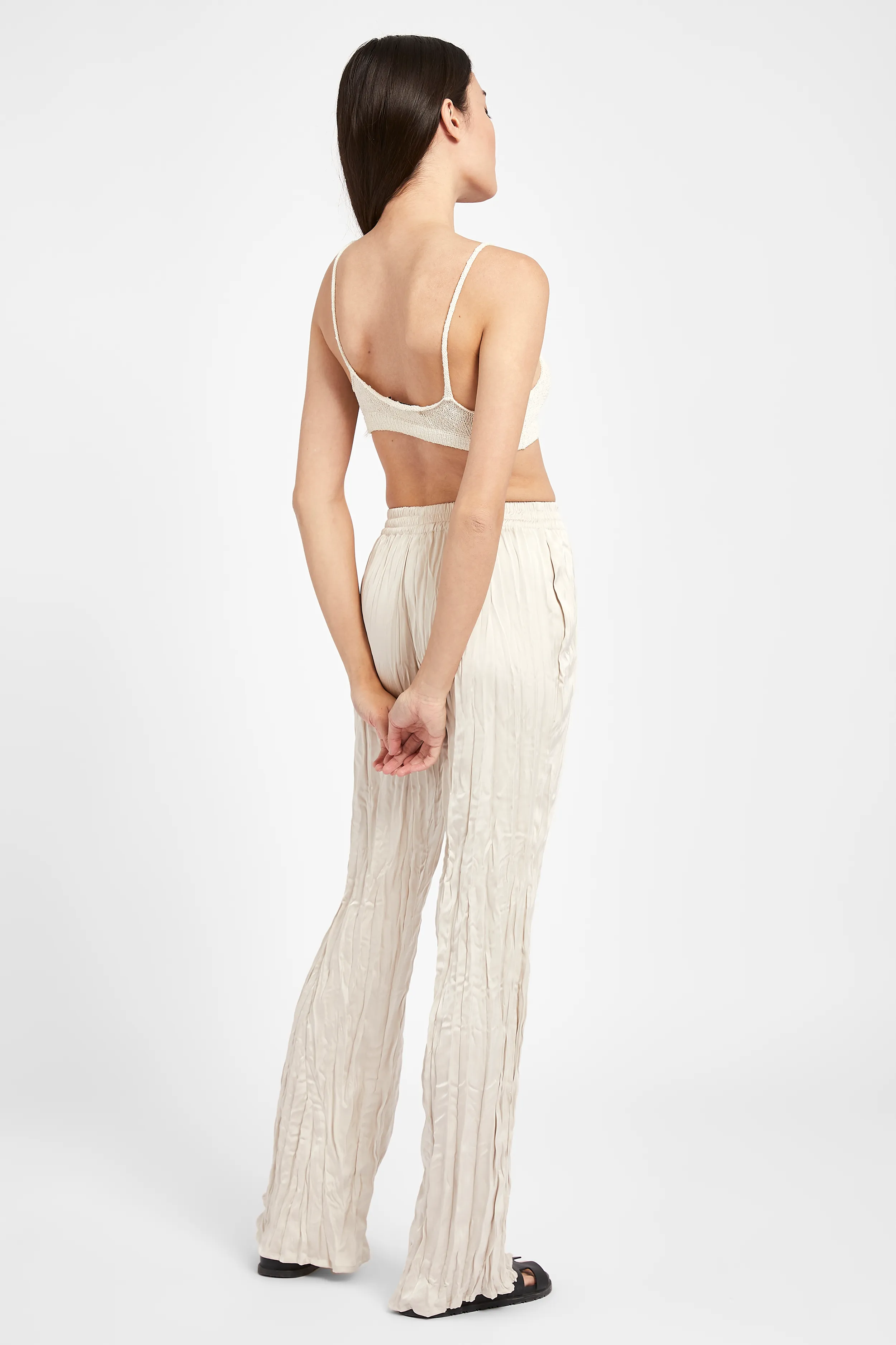 Satin Crinkle Wide Leg Trousers - Cream