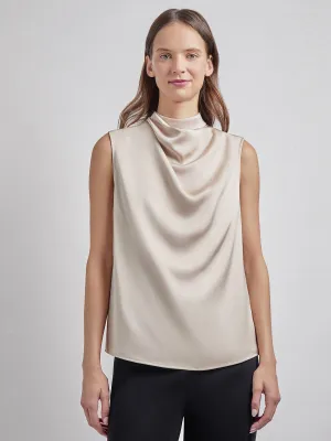 Sleeveless High Neck Draped Crepe de Chine Blouse, Biscotti