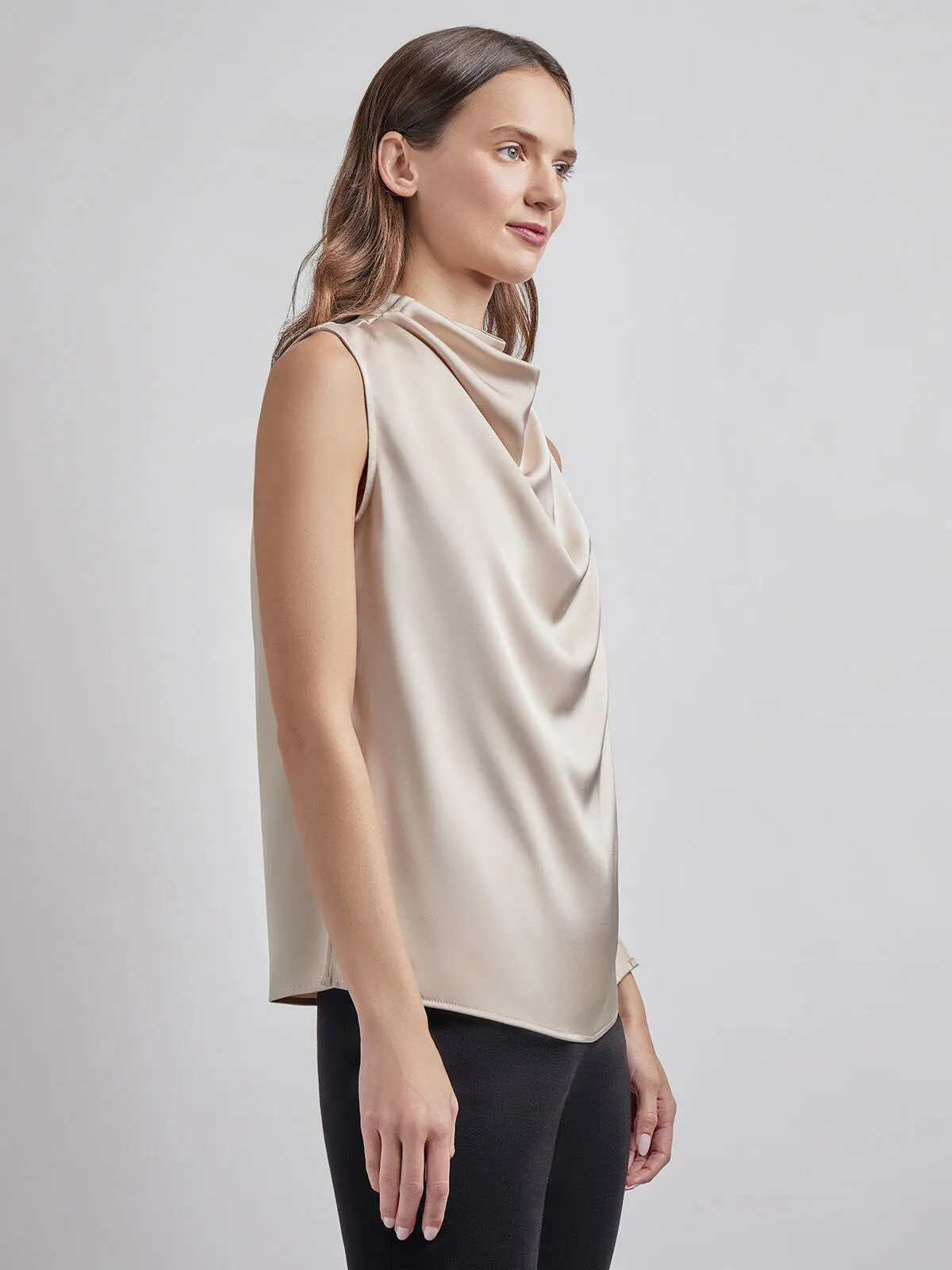 Sleeveless High Neck Draped Crepe de Chine Blouse, Biscotti