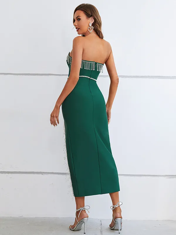 Teal Green Wrap Tassel Diamond Details Dress