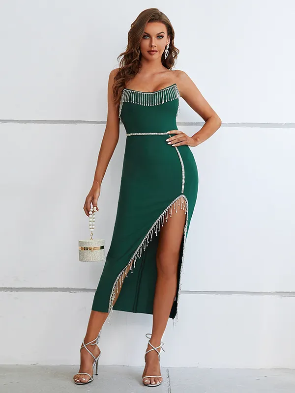 Teal Green Wrap Tassel Diamond Details Dress