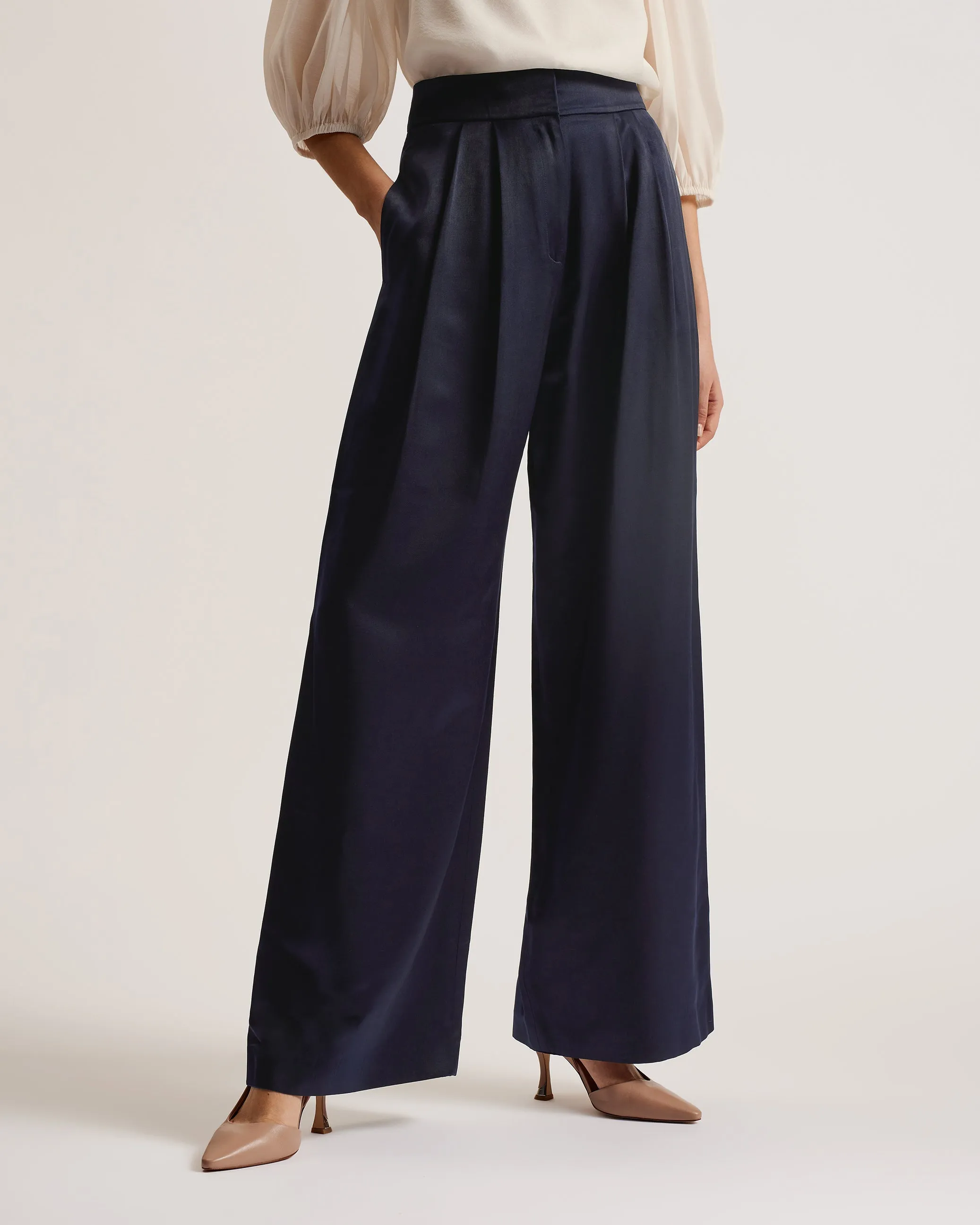 Teerut Satin Wide Leg Tailored Trousers Navy