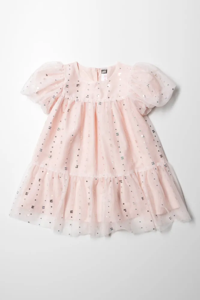 Tiered Dress With Puff Sleeve Light Pink