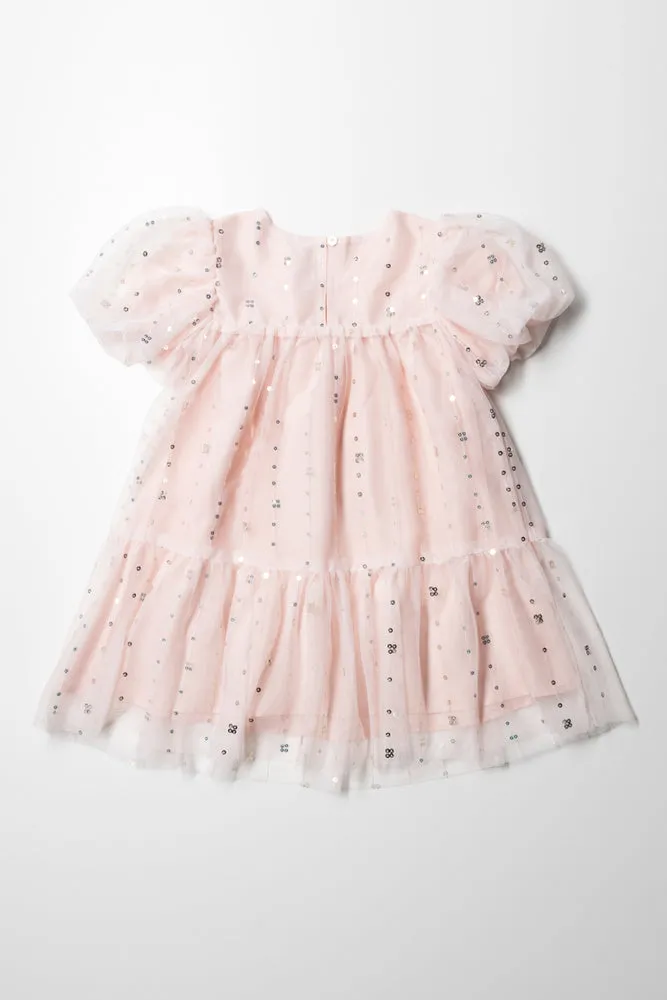 Tiered Dress With Puff Sleeve Light Pink