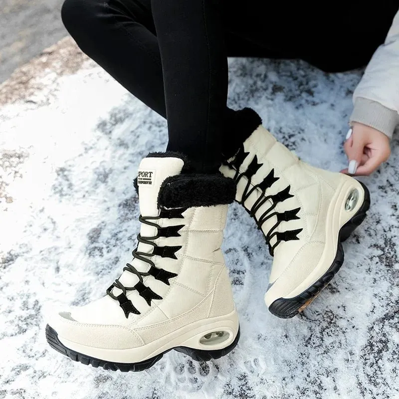 Women Boots Winter Keep Warm Cotton Shoes Mid-Calf Snow Boots Ladies Lace-up High-top Waterproof Booties Chaussures Femme